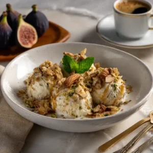 Baklava ice cream plated with figs, honey, and coffee for an elegant Mediterranean-style dessert