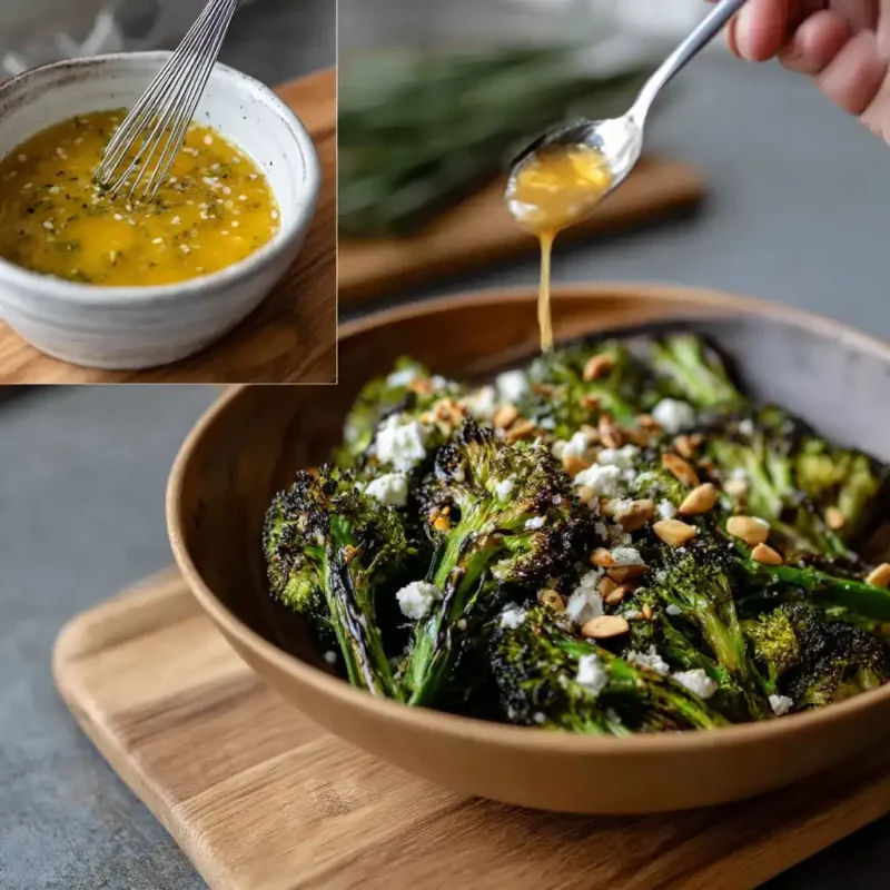 Pouring lemon garlic dressing over charred broccoli and plating with feta