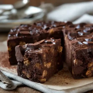 Chocolate biscuit cake on rustic wooden board with glossy chocolate and biscuit layers.