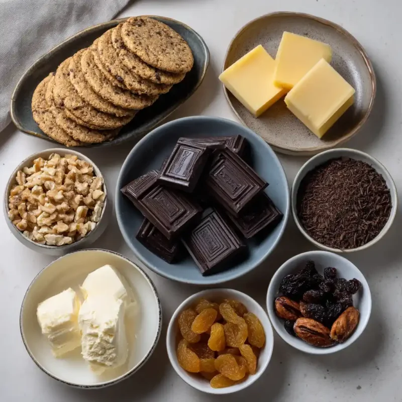 Flat lay of ingredients for chocolate biscuit cake including chocolate, butter, biscuits, and nuts.