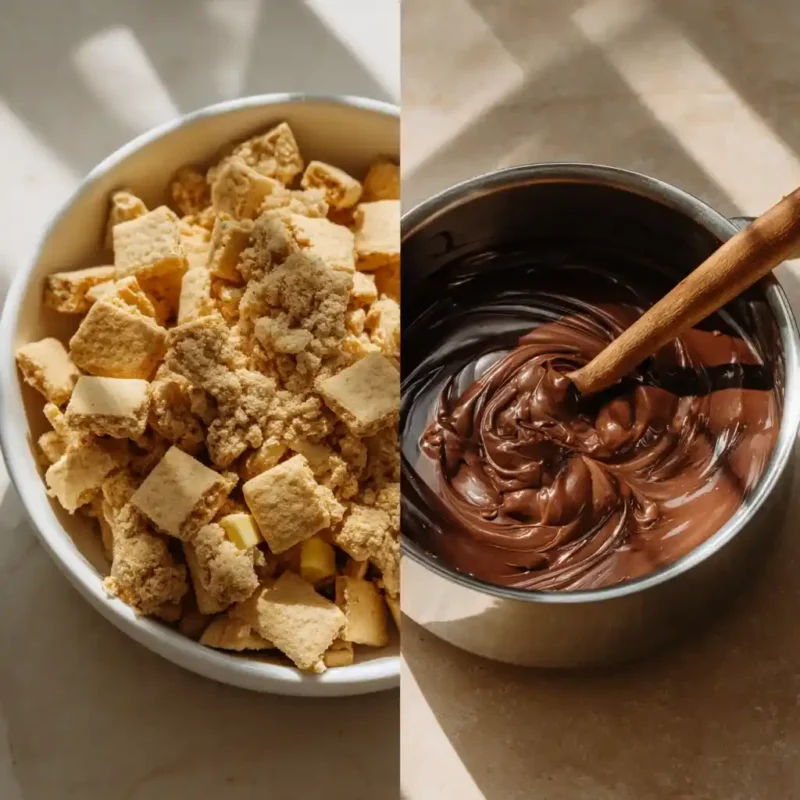 Crushed biscuits in a bowl and chocolate melting with butter in a saucepan.