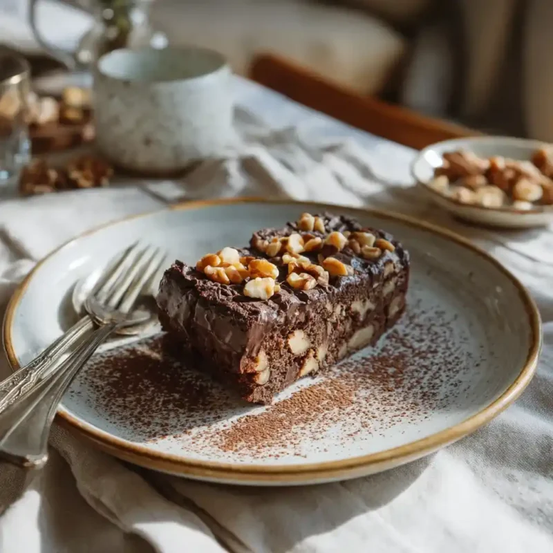 Sliced chocolate biscuit cake served with garnishes on a cozy tabletop.