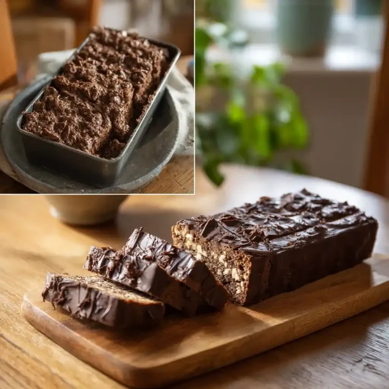 Assembling chocolate biscuit cake in a pan and sliced finished cake on board.