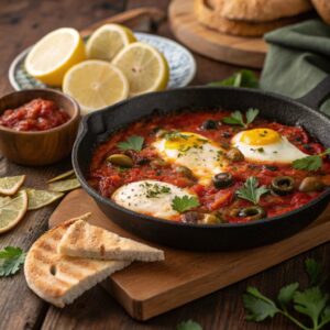 Moroccan Shakshuka in a rustic skillet, showcasing poached eggs in a richly spiced tomato and pepper sauce, garnished with preserved lemons, olives, and fresh cilantro, served with crusty bread on a wooden table.