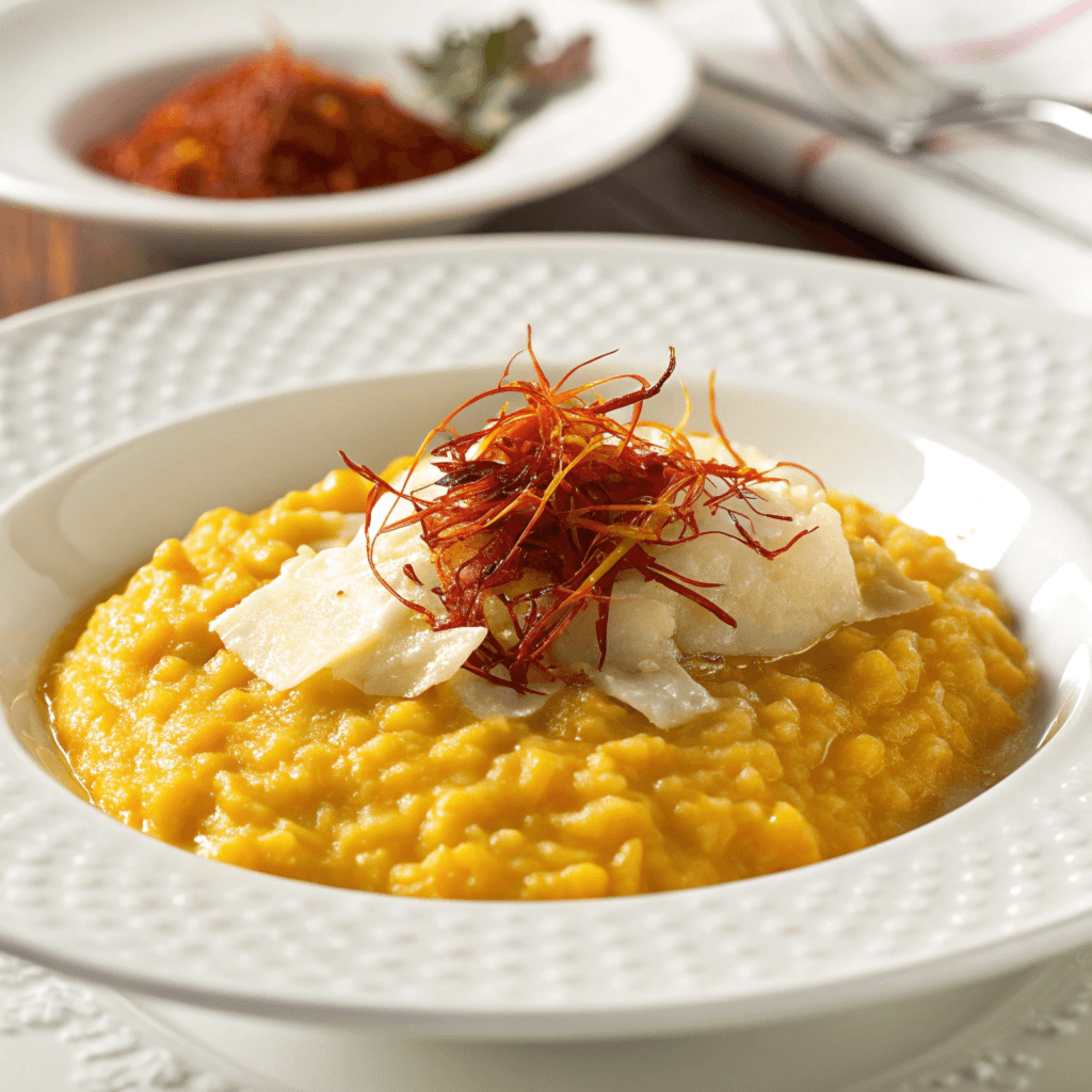 An elegant plate of Risotto alla Milanese, glowing golden with saffron and garnished with Parmesan, served on fine dinnerware with warm lighting.