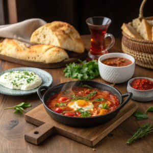 urkish Shakshuka in a rustic skillet with vibrant tomato-based sauce, tender eggplants, and colorful peppers, garnished with fresh parsley and surrounded by traditional Turkish accompaniments like pide bread and yogurt on a rustic wooden table.