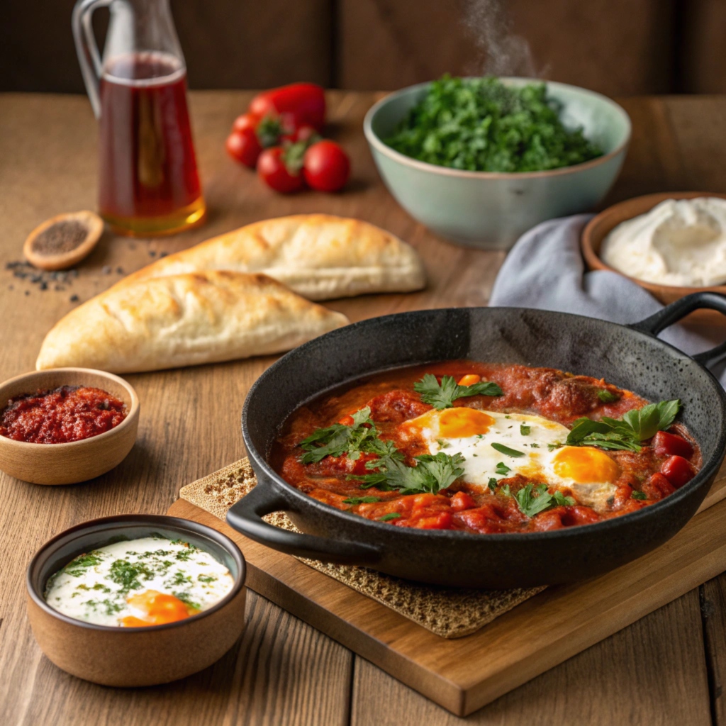 A vibrant Turkish kitchen scene featuring a steaming skillet of Shakshuka with tender eggplants, tomatoes, and colorful peppers, surrounded by traditional Turkish bread, yogurt, and a light shepherd's salad on a rustic wooden table, evoking a warm and inviting communal dining atmosphere.