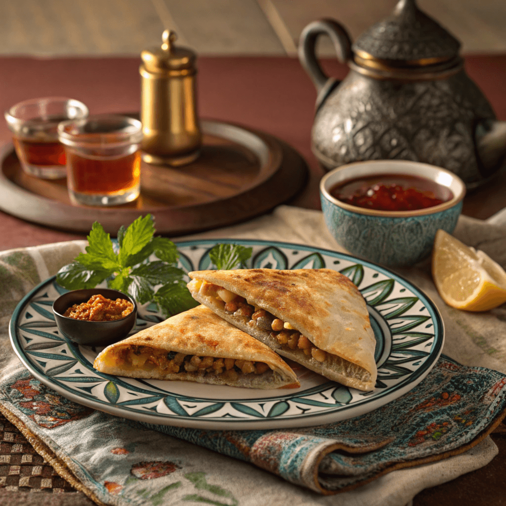 A beautifully plated Tunisian Brik dish served on a decorative plate with golden, crispy pastry. The dish is accompanied by a small bowl of harissa, fresh mint tea in a traditional glass, and a vibrant Mediterranean-style dining table setting