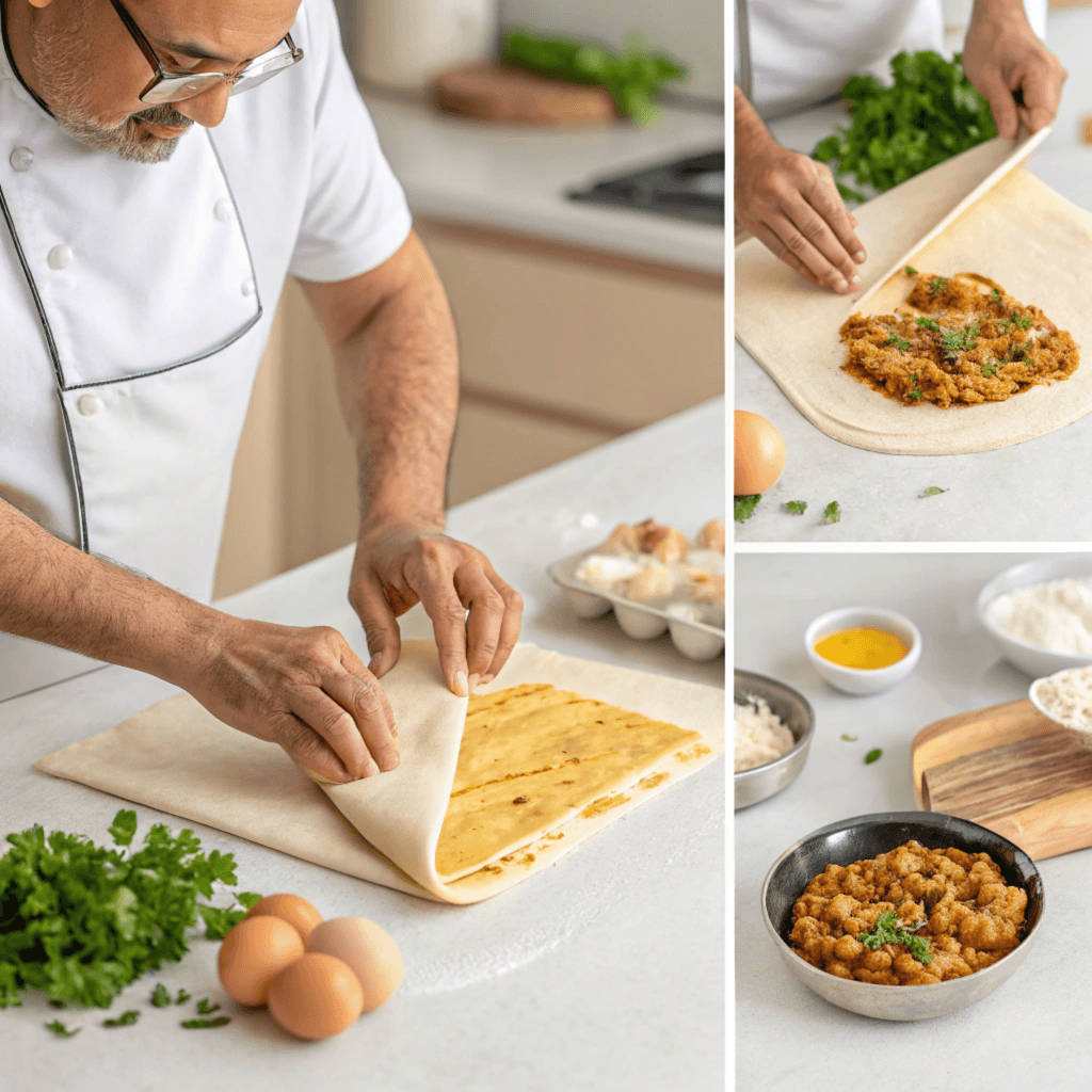 Close-up of hands carefully folding thin brik pastry around a filling on a clean kitchen surface. Ingredients like fresh parsley, a cracked egg, and spices are visible in the background, emphasizing the preparation process.