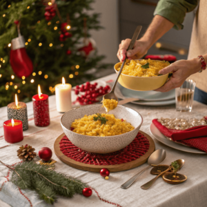 Risotto alla Milanese being served at a beautifully decorated Christmas table, surrounded by red and gold ornaments, candles, and a warm holiday atmosphere.