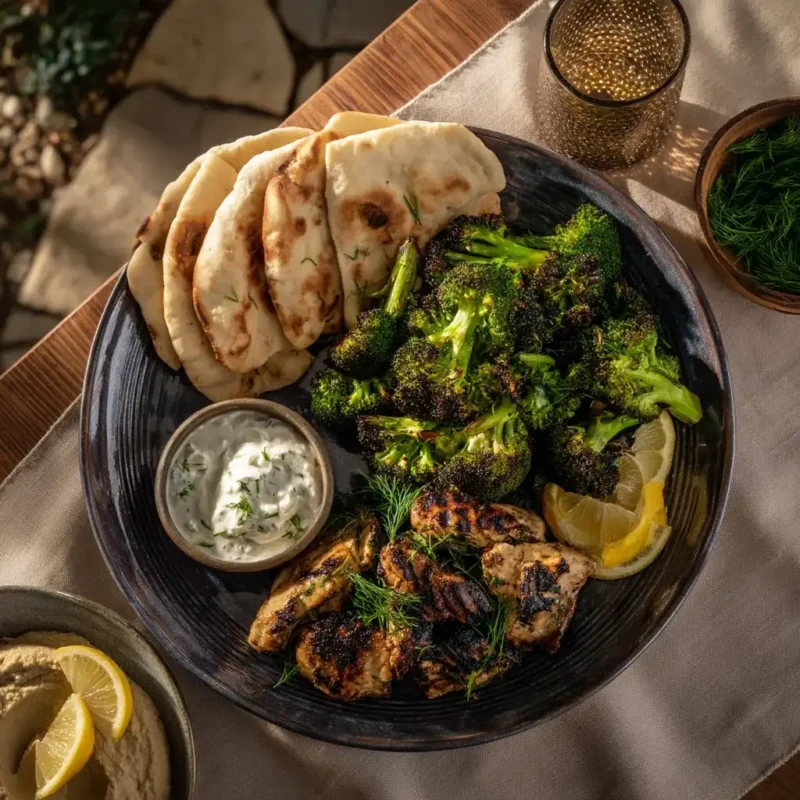 Mediterranean plate with charred broccoli, grilled chicken, hummus, and pita