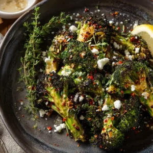 Charred broccoli on a ceramic platter with lemon and herbs