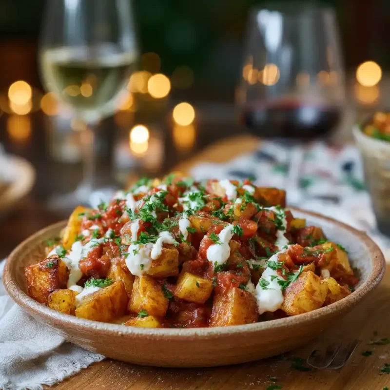 Patatas Bravas topped with Salsa Brava and aioli on a rustic Spanish plate