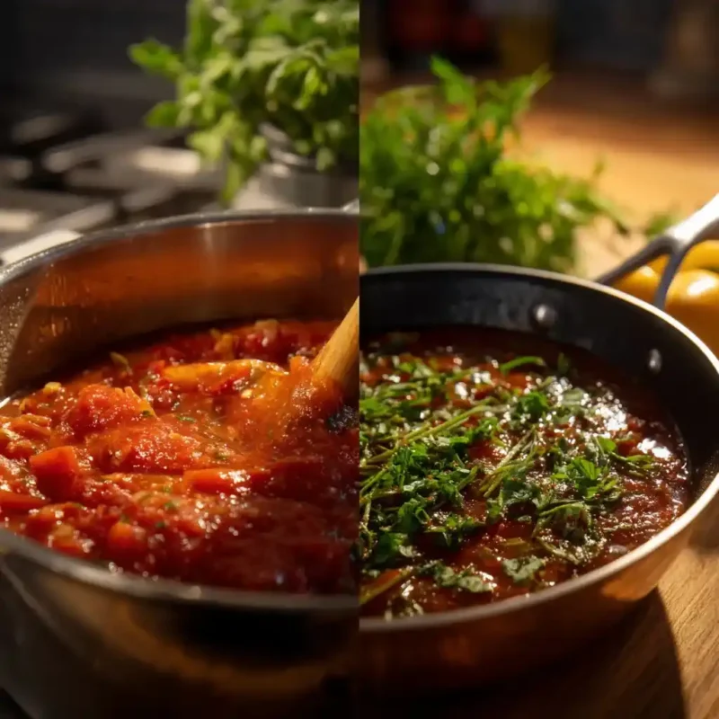Immersion blending Salsa Brava and final simmering stage in pan