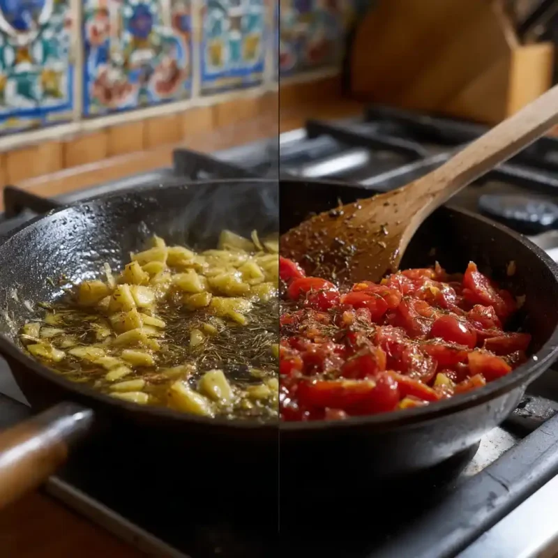 Garlic sautéing in olive oil and tomatoes simmering in a pan for Salsa Brava