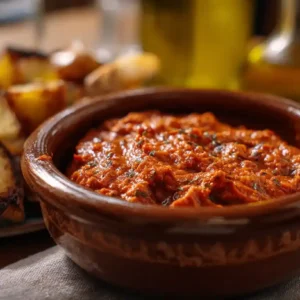 Rustic bowl of Salsa Brava with golden potatoes and Mediterranean ingredients