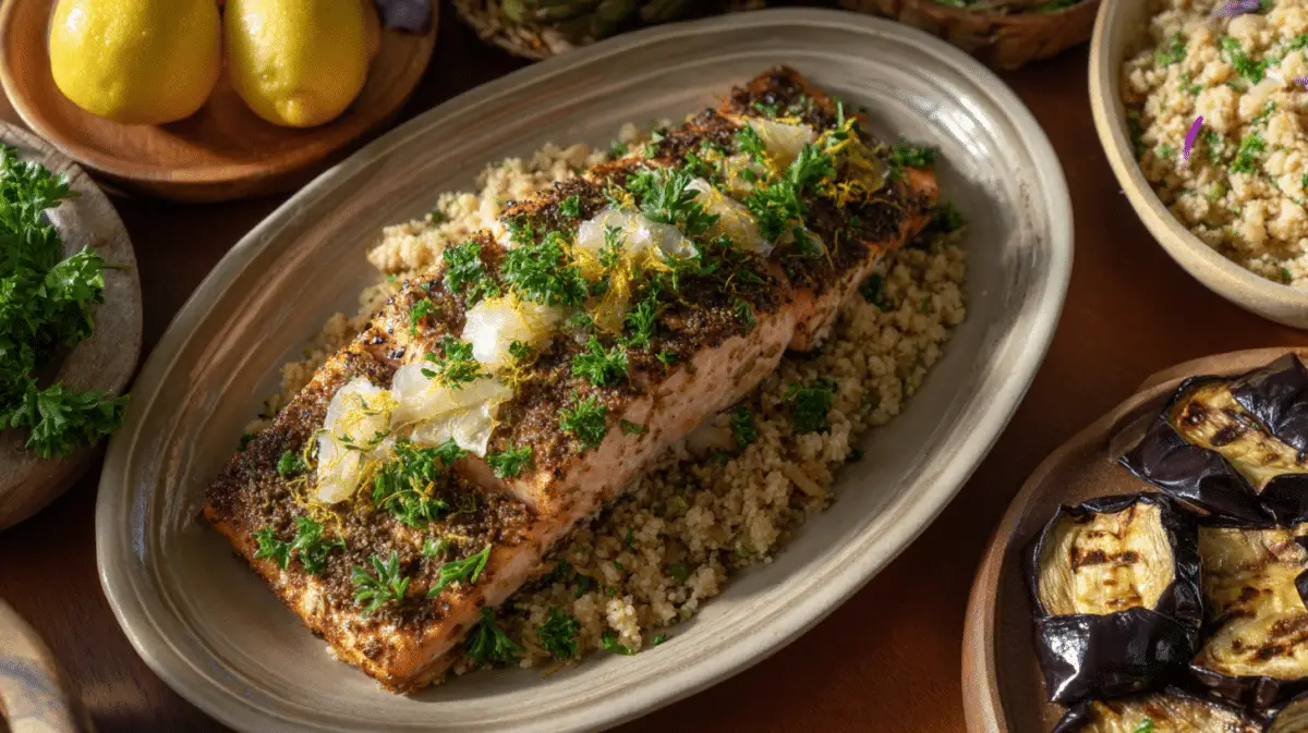 Cooked za’atar salmon on a plate with couscous and grilled vegetables