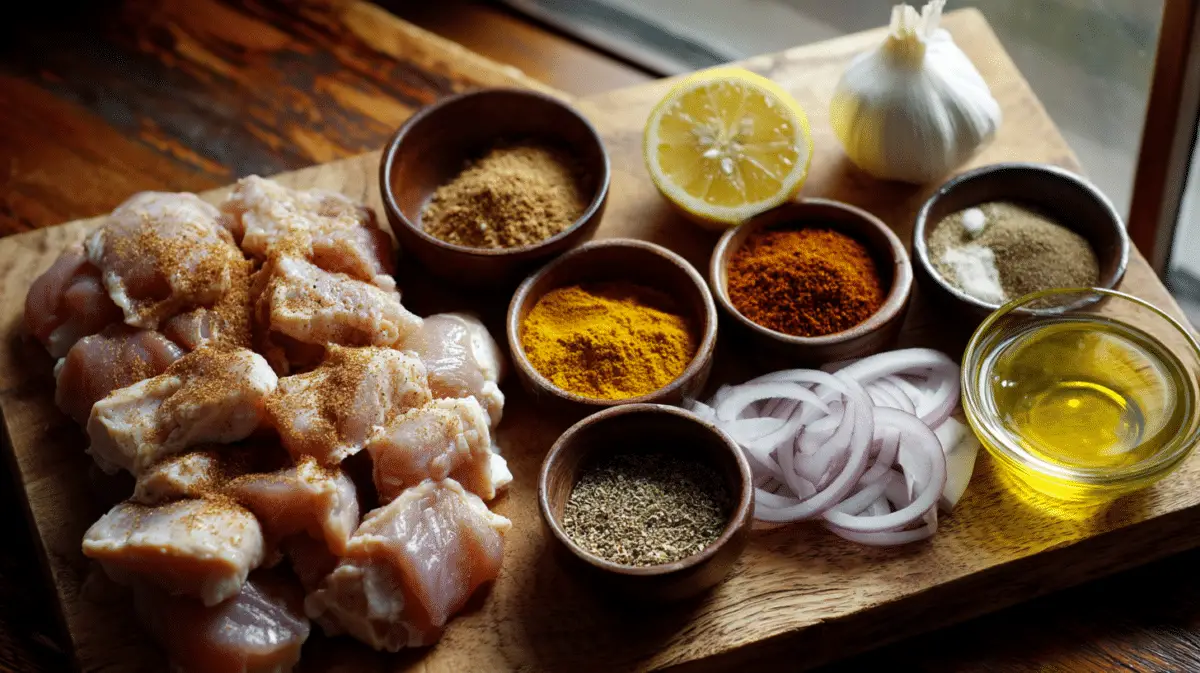 Raw chicken, Mediterranean spices, garlic, lemon, and yogurt prepared for shawarma marinade