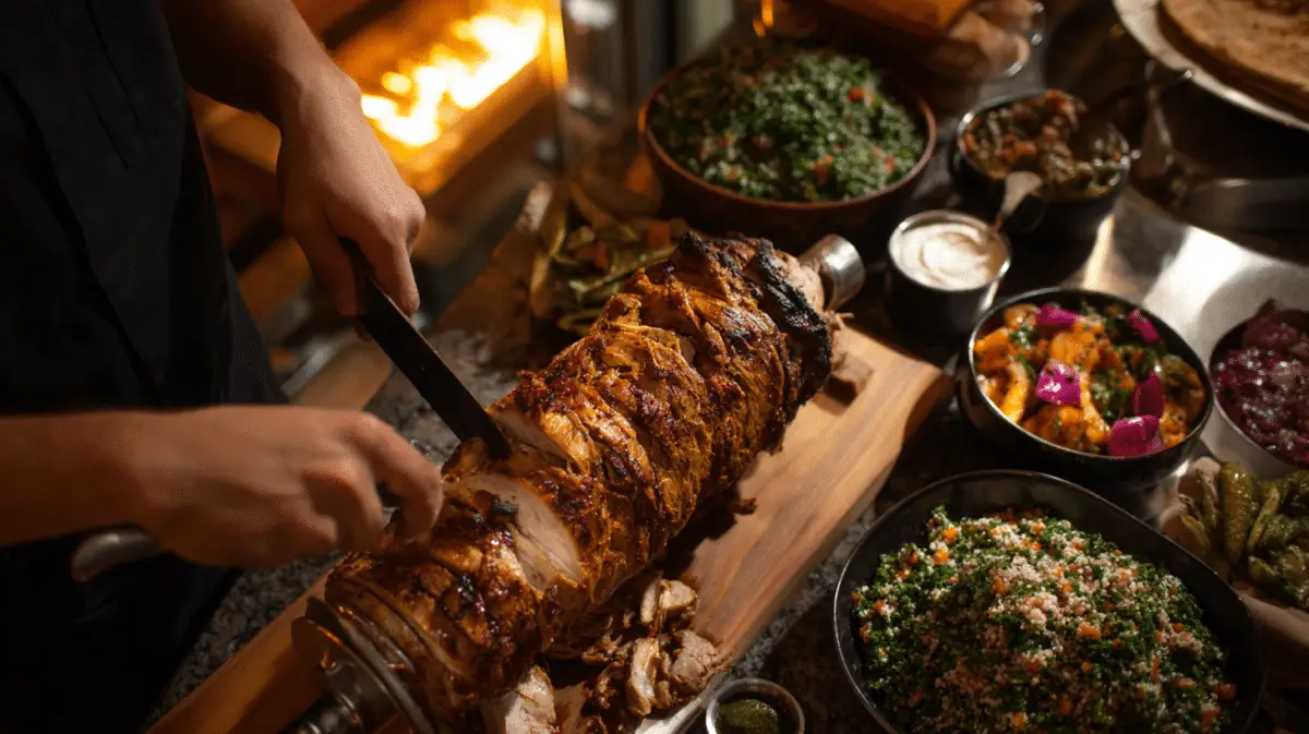 Chicken shawarma being sliced from rotisserie and served with traditional Middle Eastern sides