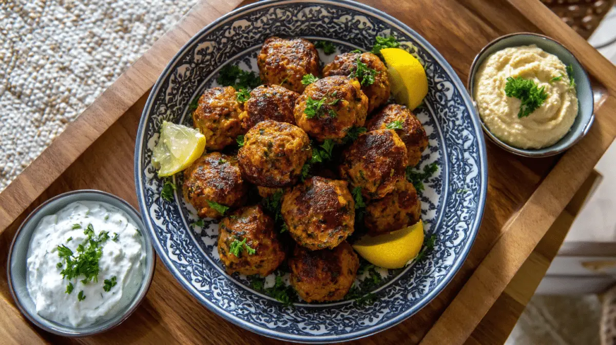 Golden chicken meatballs served on a platter with hummus and tzatziki on the side