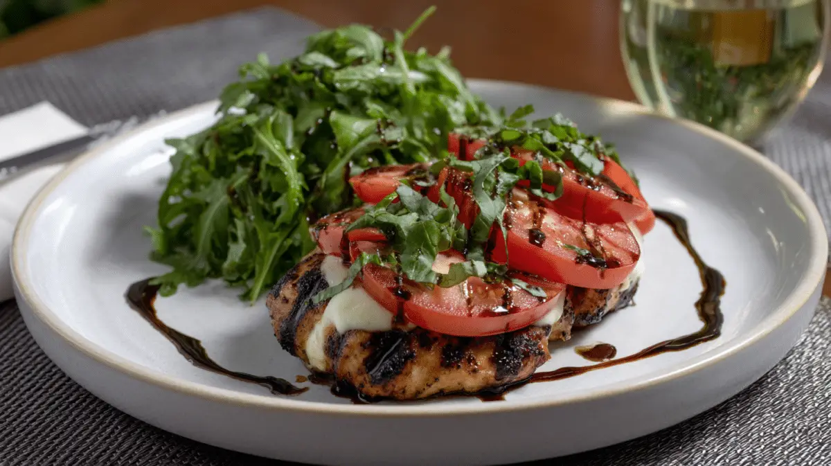 Grilled chicken topped with mozzarella, tomatoes, and basil, served with salad