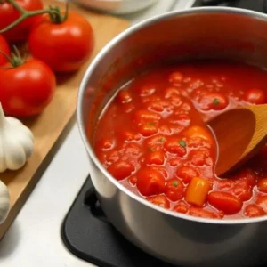 Homemade Salsa Brava in preparation, with ingredients and a saucepan cooking the sauce on a modern kitchen countertop. A wooden spoon stirs the rich tomato base, showcasing the cooking process.