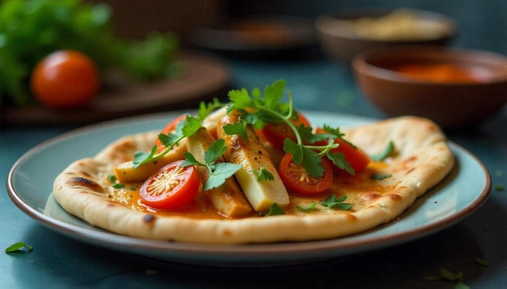 Homemade pita bread and cheese served on a modern kitchen countertop, garnished with fresh herbs and vegetables. A cozy and casual presentation perfect for sharing.