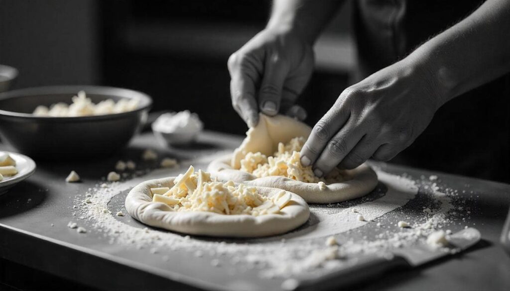 Hands preparing homemade pita bread with cheese, featuring dough being kneaded and ingredients laid out on a modern kitchen countertop. A snapshot of the cooking process in action