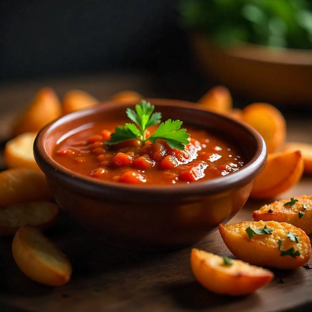 Homemade Salsa Brava served in a rustic ceramic bowl, garnished with fresh parsley, surrounded by crispy Patatas Bravas on a modern kitchen countertop.