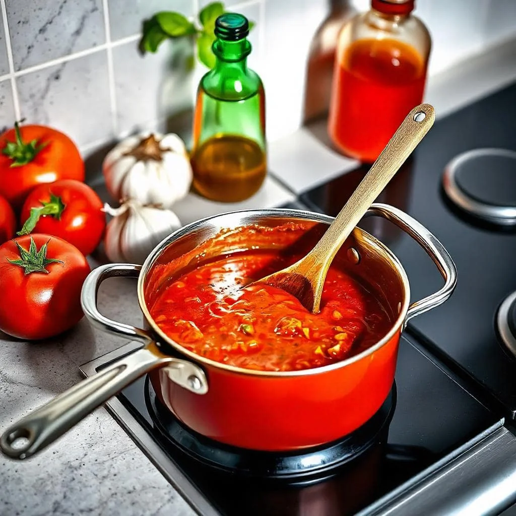 Ingredients for homemade Salsa Brava, including tomatoes, garlic, smoked paprika, and olive oil, displayed with a simmering saucepan and a wooden spoon on a modern kitchen countertop.