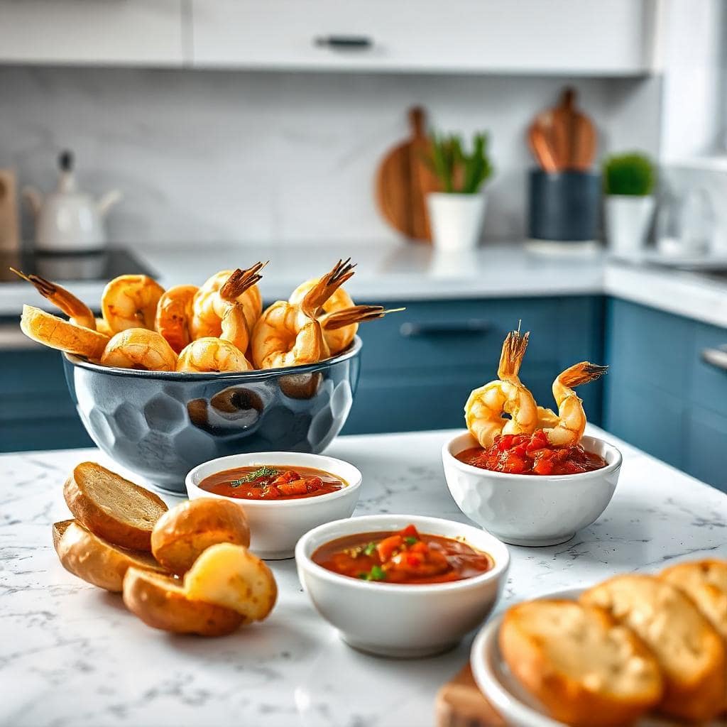 Serving suggestions for homemade Salsa Brava in dipping bowls, accompanied by crispy potatoes, grilled shrimp skewers, and crusty bread on a modern kitchen countertop.