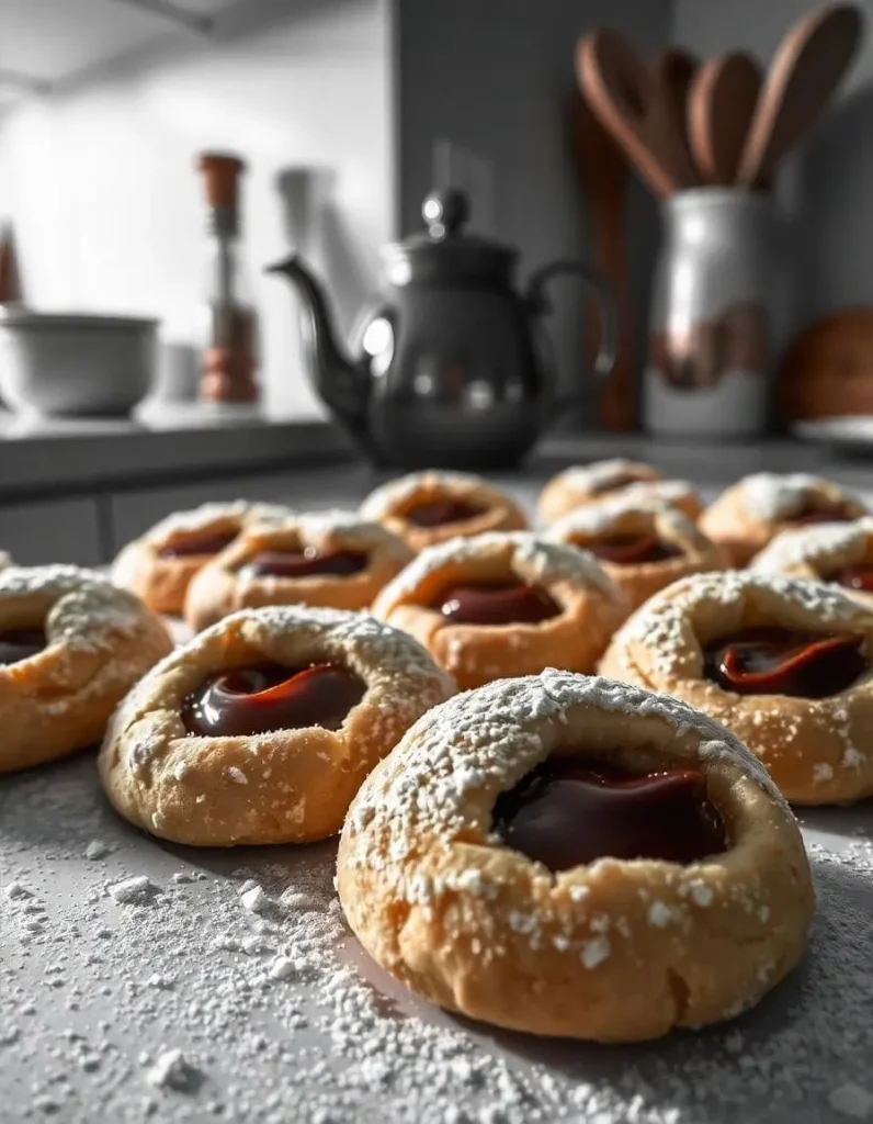 A plate of homemade Pizzicati cookies, elegantly arranged on a modern kitchen countertop. The cookies are dusted with powdered sugar and filled with fruit jam and Nutella. A cozy kitchen setup with wooden utensils and a teapot is visible in the background, creating a warm and inviting atmosphere.