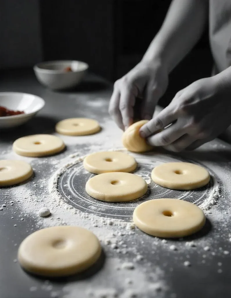 Hands preparing homemade Pizzicati cookies in a modern kitchen. Dough circles are spread on a floured countertop, with bowls of jam and Nutella as filling options. The process of pinching the dough to form the signature cookie shape is captured mid-action, highlighting the preparation phase.