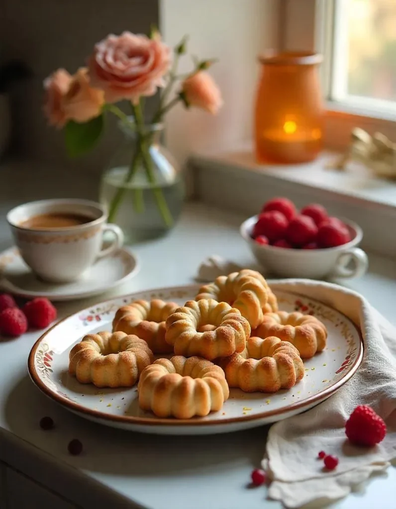 Homemade Pizzicati cookies displayed on a decorative platter, paired with coffee, tea, and fresh berries. Set on a modern kitchen countertop, the serving setup includes a small vase with flowers and a folded linen napkin, creating a cozy and elegant dessert presentation.