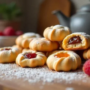 A plate of homemade Pizzicati cookies, elegantly arranged on a modern kitchen countertop. The cookies are dusted with powdered sugar and filled with fruit jam and Nutella, surrounded by wooden utensils and a teapot in the background.