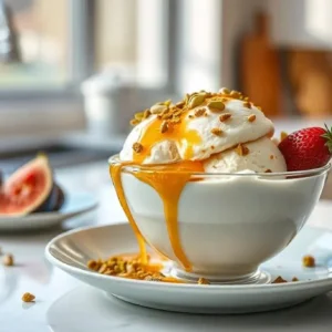 A bowl of baklava ice cream on a modern kitchen countertop, topped with crushed pistachios, a drizzle of honey, and fresh fruits like strawberries and figs, highlighting its creamy texture and crispy layers.