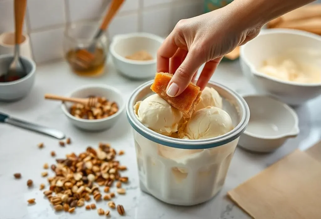 A close-up of baklava ice cream being prepared in a kitchen. A hand adds crunchy baklava pieces into a semi-frozen ice cream mixture inside an ice cream maker. Ingredients, including chopped nuts, honey, and phyllo dough, are displayed on the countertop.
