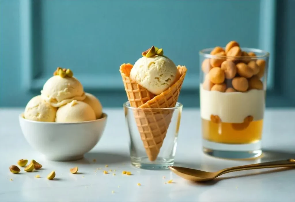 Three serving ideas for baklava ice cream displayed on a clean, modern countertop—a scoop in a bowl with honey and pistachios, a cone with baklava chunks, and a layered parfait in a clear glass topped with nuts. Elegant presentation with gold utensils and a minimalist background.
