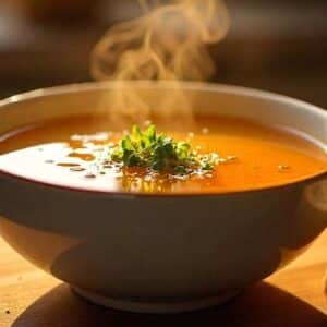 Steaming bowl of chicken bone broth with fresh herbs and crusty bread on the side, illustrating a comforting meal idea."