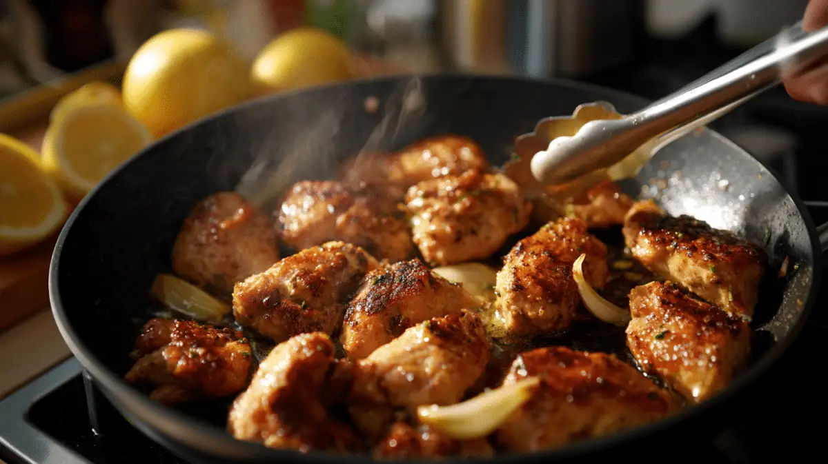 Chicken bites being cooked in olive oil with garlic and herbs in a pan