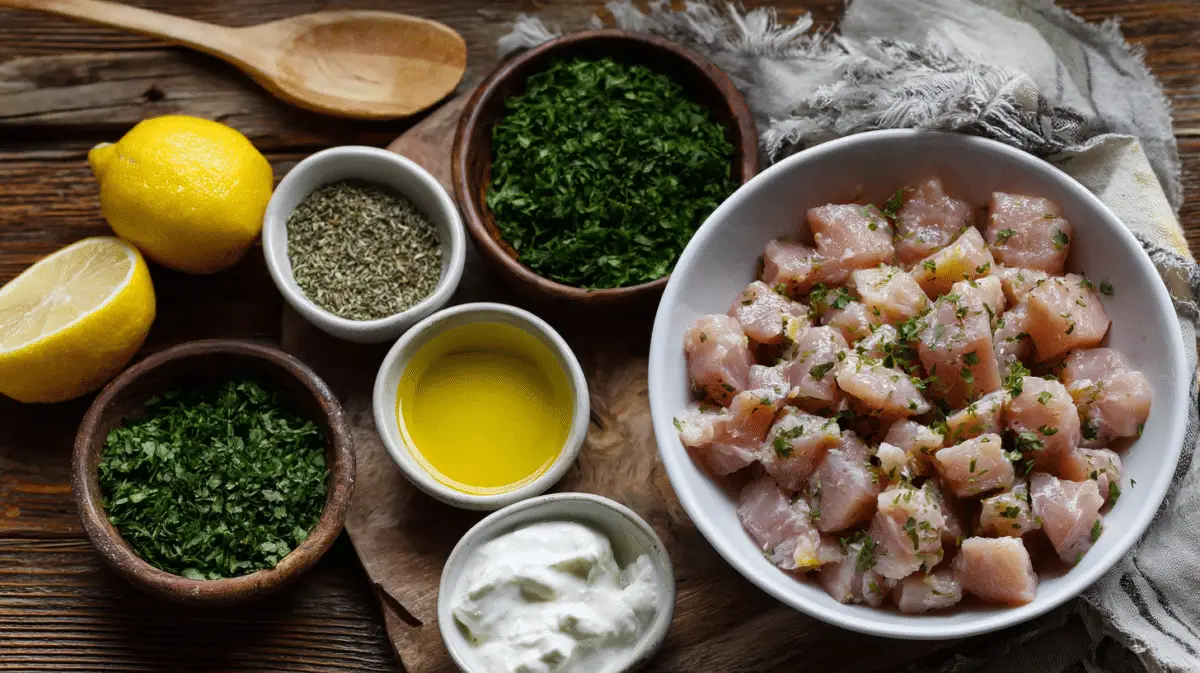 Raw chicken and Mediterranean herbs with lemon and garlic on a wooden table