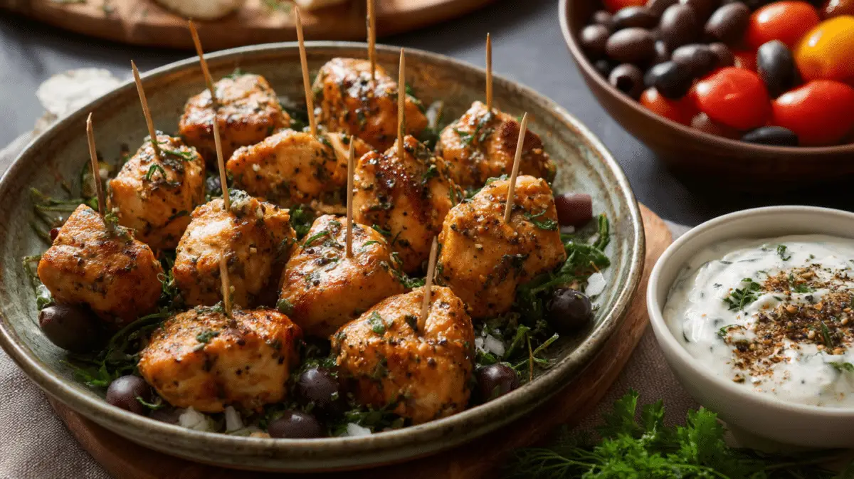 Served Greek chicken bites with tzatziki and Mediterranean sides on a platter