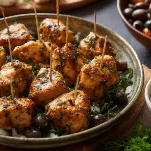 Served Greek chicken bites with tzatziki and Mediterranean sides on a platter