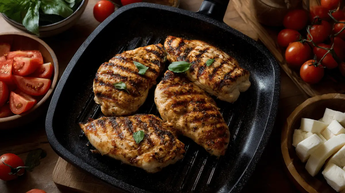 Chicken breasts cooking on a grill pan with tomato, basil, and mozzarella nearby