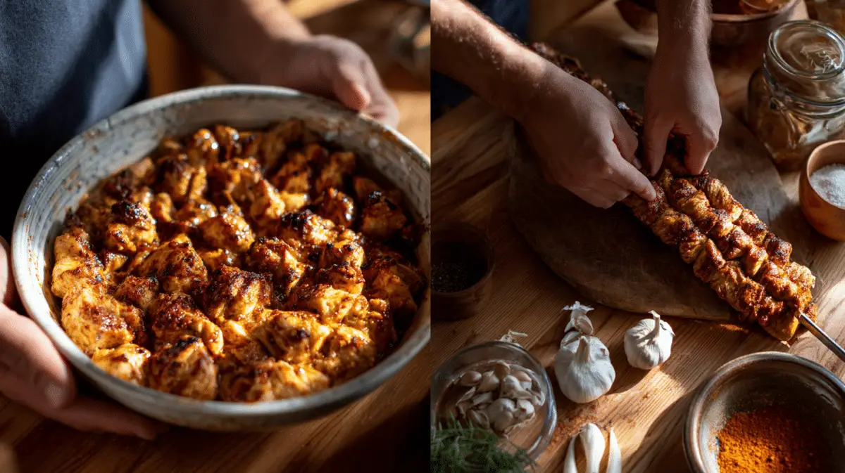 Chicken marinating in yogurt spice mix and being stacked onto a rotisserie skewer