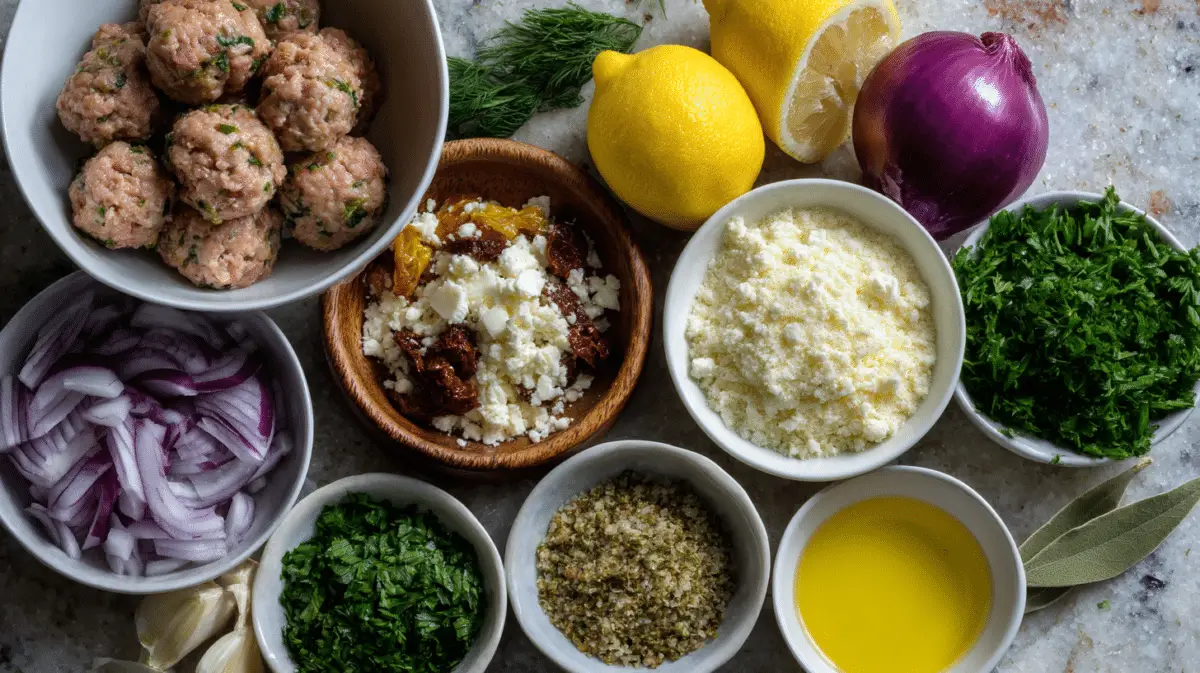 Raw Mediterranean ingredients like chicken, feta, parsley, and spices arranged for meatball prep