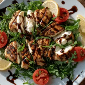 Top-down photo of Pollo Caprese with tomatoes, basil, and mozzarella on a rustic plate