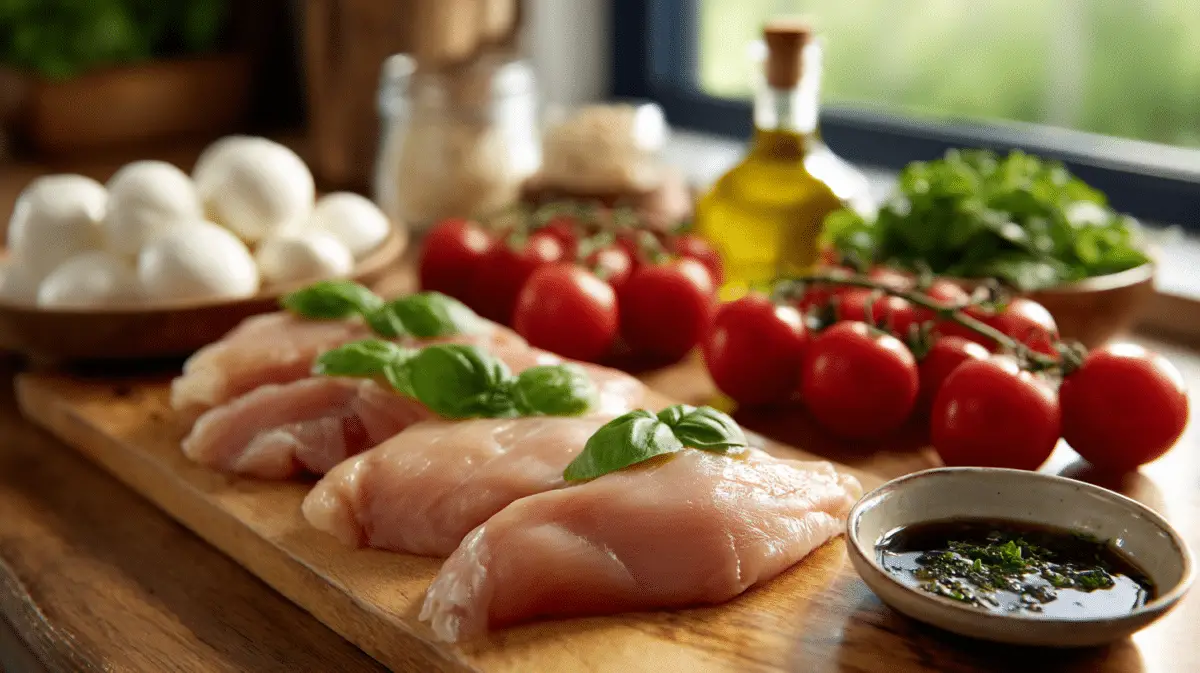 Top-down image of ingredients including raw chicken, tomatoes, mozzarella, basil, and olive oil