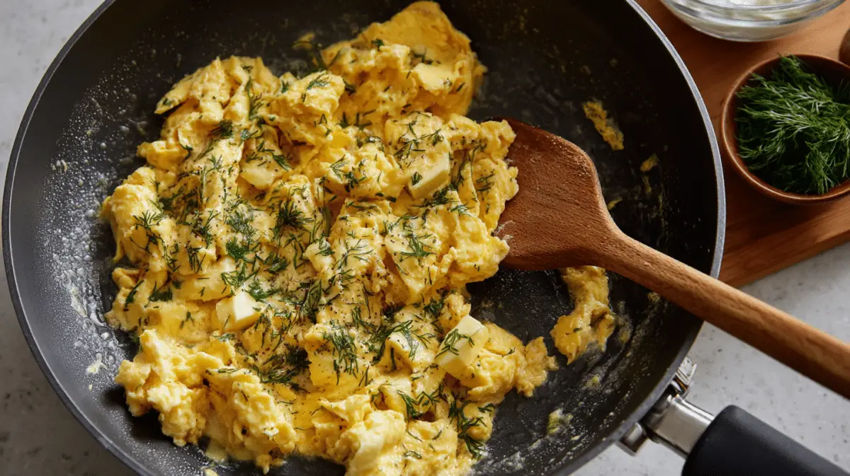 Scrambled eggs with yogurt being gently stirred in a skillet with herbs nearby
