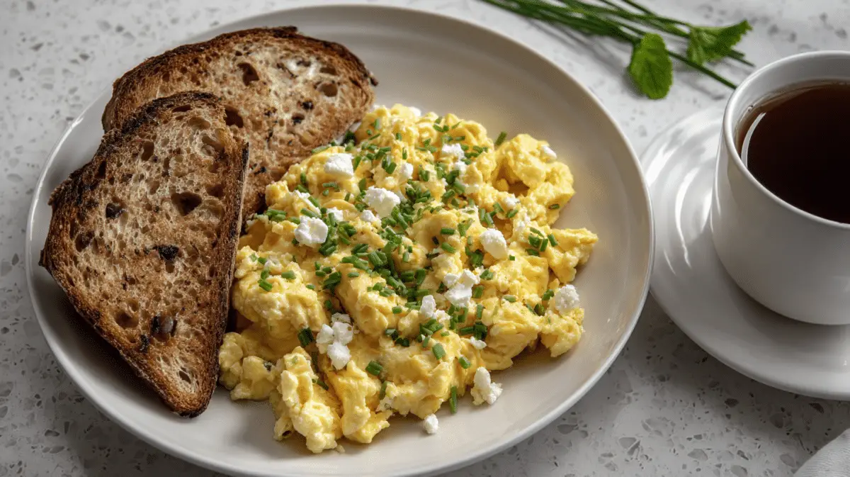Plate of finished scrambled eggs with yogurt, topped with herbs and served with toast